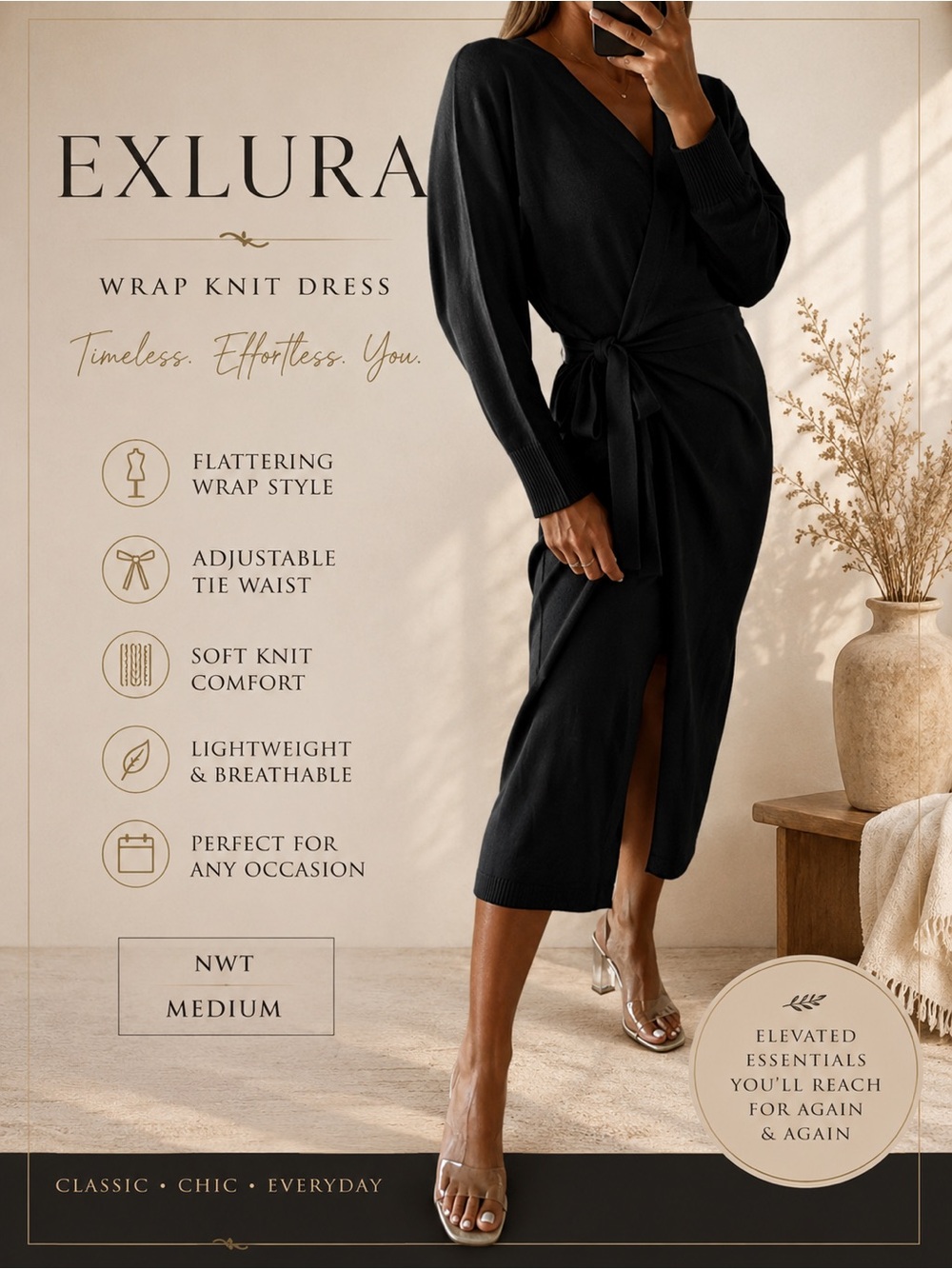 Exlura Black Knit Wrap Midi Dress Tie Waist Long Sleeve NWT Medium